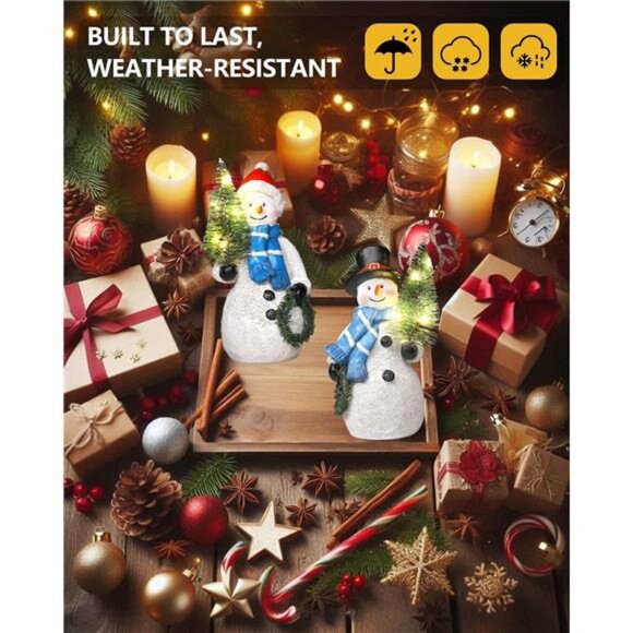 Lighted Snowman Figurines with Christmas Tree Wreath - Indoor Holiday Decor - Picture 6 of 7